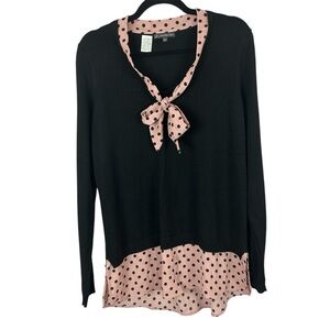 Adrianna Papell Black and Pink Polka Dot Blouse Size Large